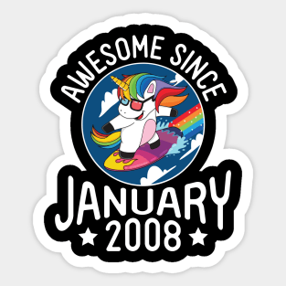 Happy Birthday 13 Years Old To Me Dad Mom Son Daughter Unicorn Surfing Awesome Since January 2008 Sticker